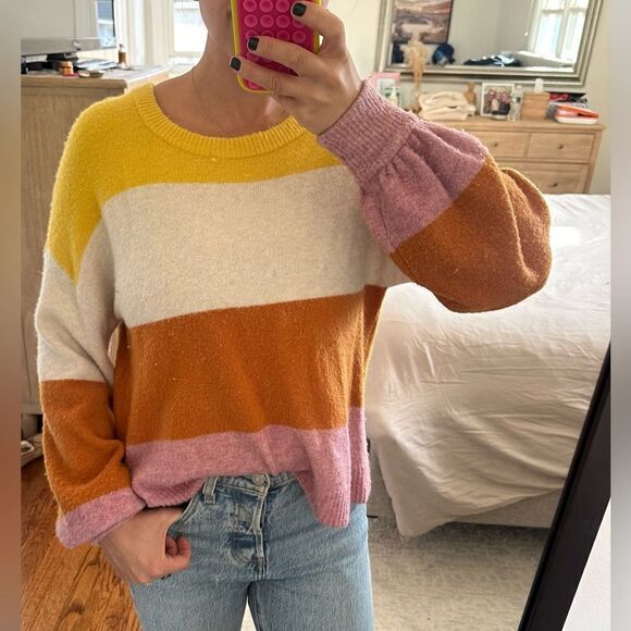 Madewell Striped Gladwell Balloon-Sleeve Pullover Sweater / SMALL / HEATHER MULB - Picture 1 of 5